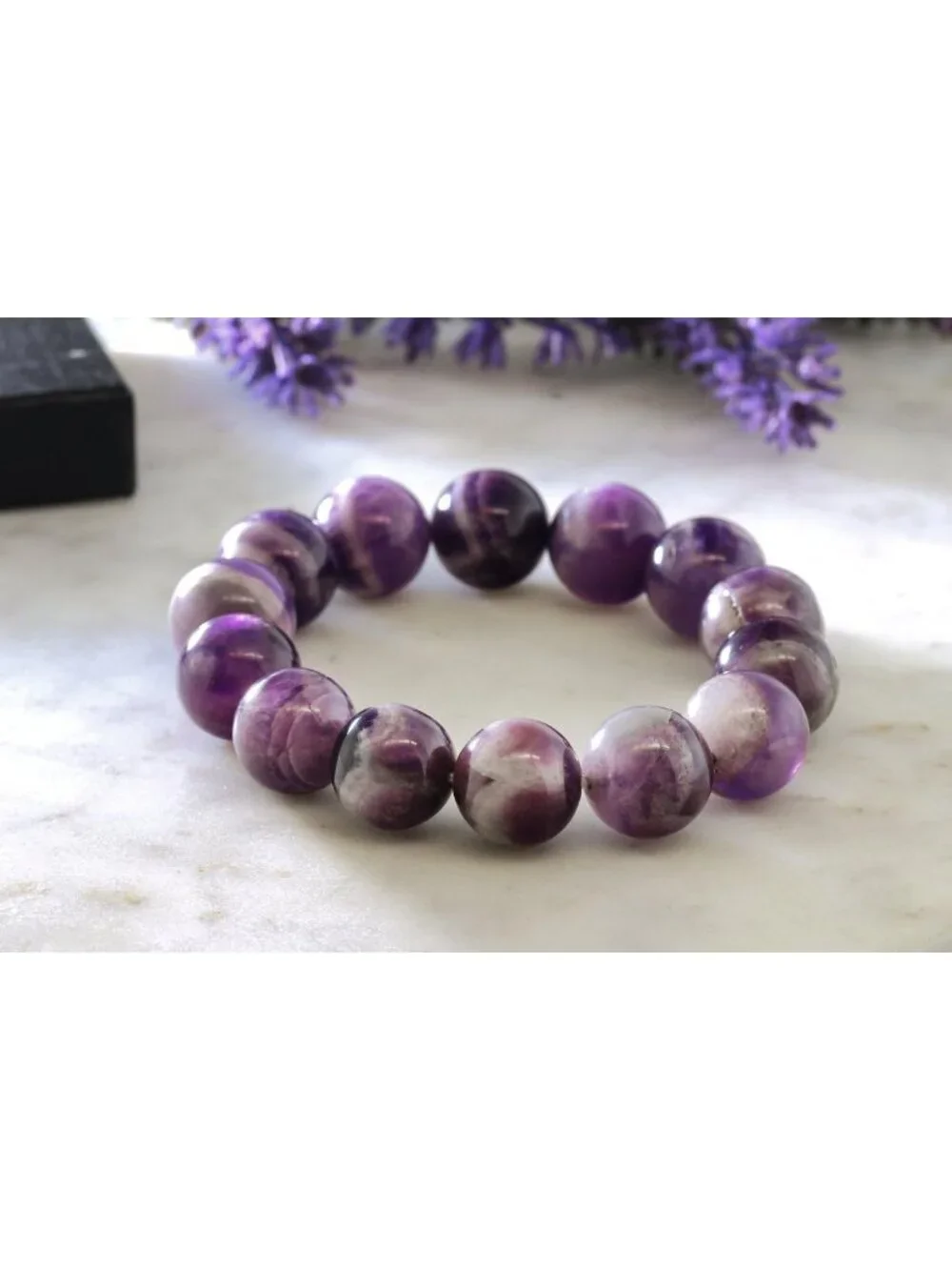 Purple Amethyst Bead Stretchy Bracelet for Women | 8.5 Inch | 16MM Round